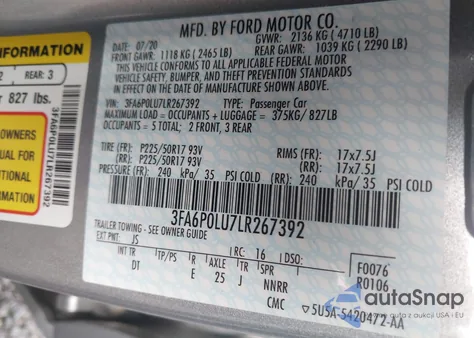 2020 Ford Fusion Hybrid Se из США, поврежденный, VIN 3FA6P0LU7LR267392